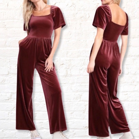 Old Navy Pants - Old Navy Velvet Velour Cap Flutter-sleeve Jumpsuit Cranberry Color Sz XL